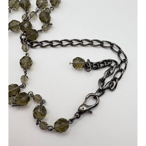 Long Faux Smoky Quartz Beaded Necklace Silver Tone Chain Faceted Beads - Picture 4 of 8